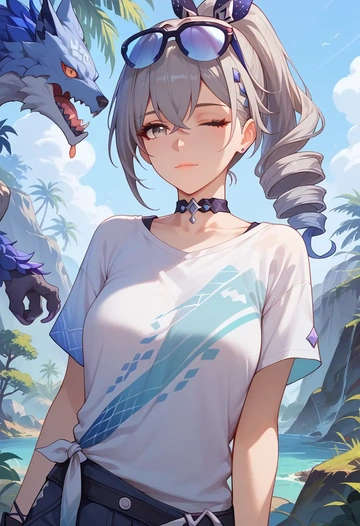 star rail,silver wolf,tie-dye shirt,dolphin shorts  - AI generated anime art